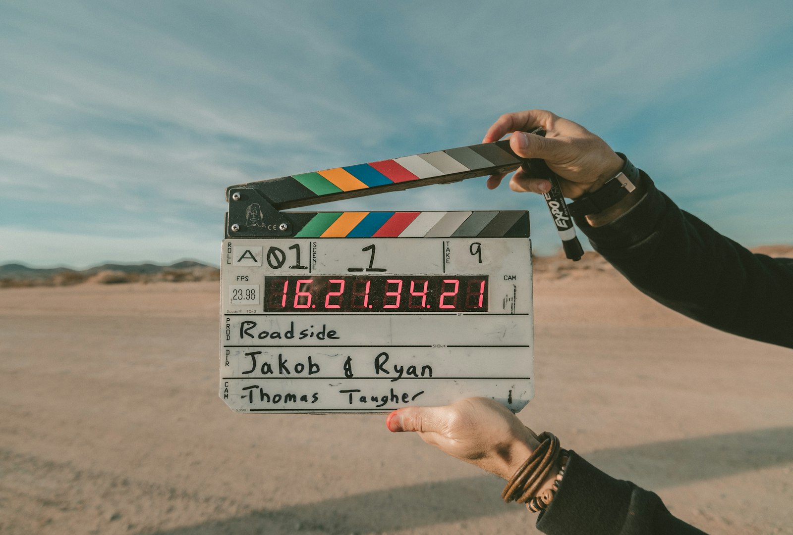 Film production set with camera rig and cinema lighting